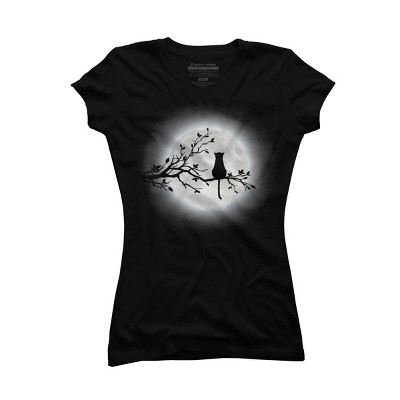 Junior's Design By Humans The Cat and The Moon By Maryedenoa T-Shirt