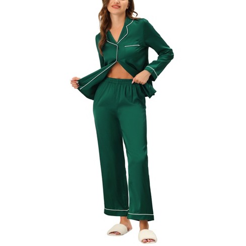 cheibear Womens Pajama Sleepwear Button Down with Capri Pants Satin Lounge  Pjs Set Green X Small