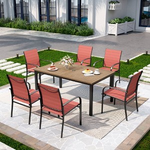 Captiva Designs 7pc Patio Dining Set Wood-look Rectangle Table with Umbrella Hole & Sling Fixed Chairs - 1 of 4