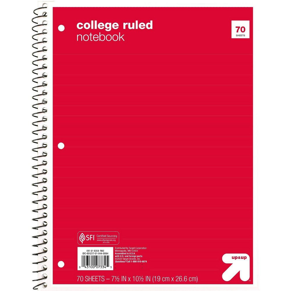 College Ruled Red 1 Subject Flexible Paperboard Cover Spiral Notebook - up&up™: 70 Pages, 3 Hole Punched, 7.5x10.5"