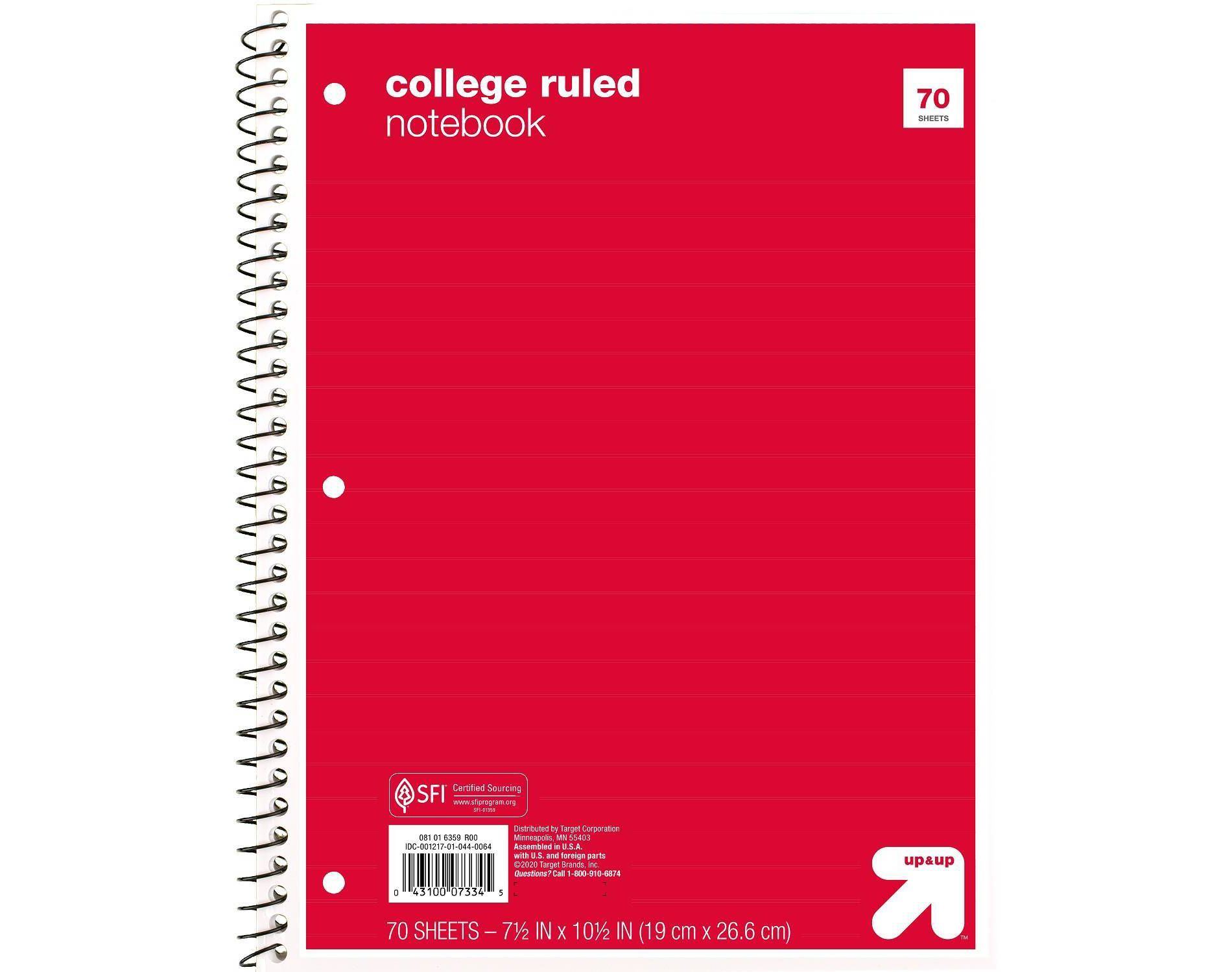 College Ruled Red 1 Subject Flexible Paperboard Cover Spiral Notebook - up&up™: 70 Pages, 3 Hole Punched, 7.5x10.5"