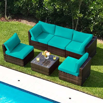 Turquoise Cushioned 5-Person Brown Iron Wicker Patio Set