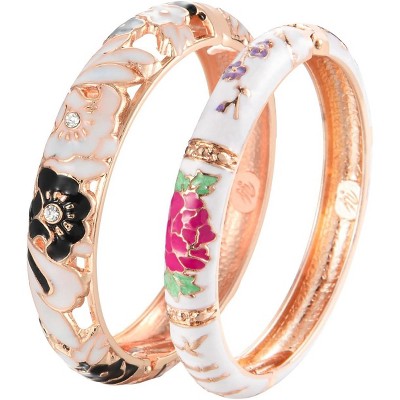Vintage Cloisonne Enamel Rhinestone Rose Hinged Cuff Bracelet Bangle Set for Women