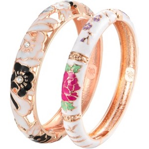 Vintage Cloisonne Enamel Rhinestone Rose Hinged Cuff Bracelet Bangle Set for Women - 1 of 4