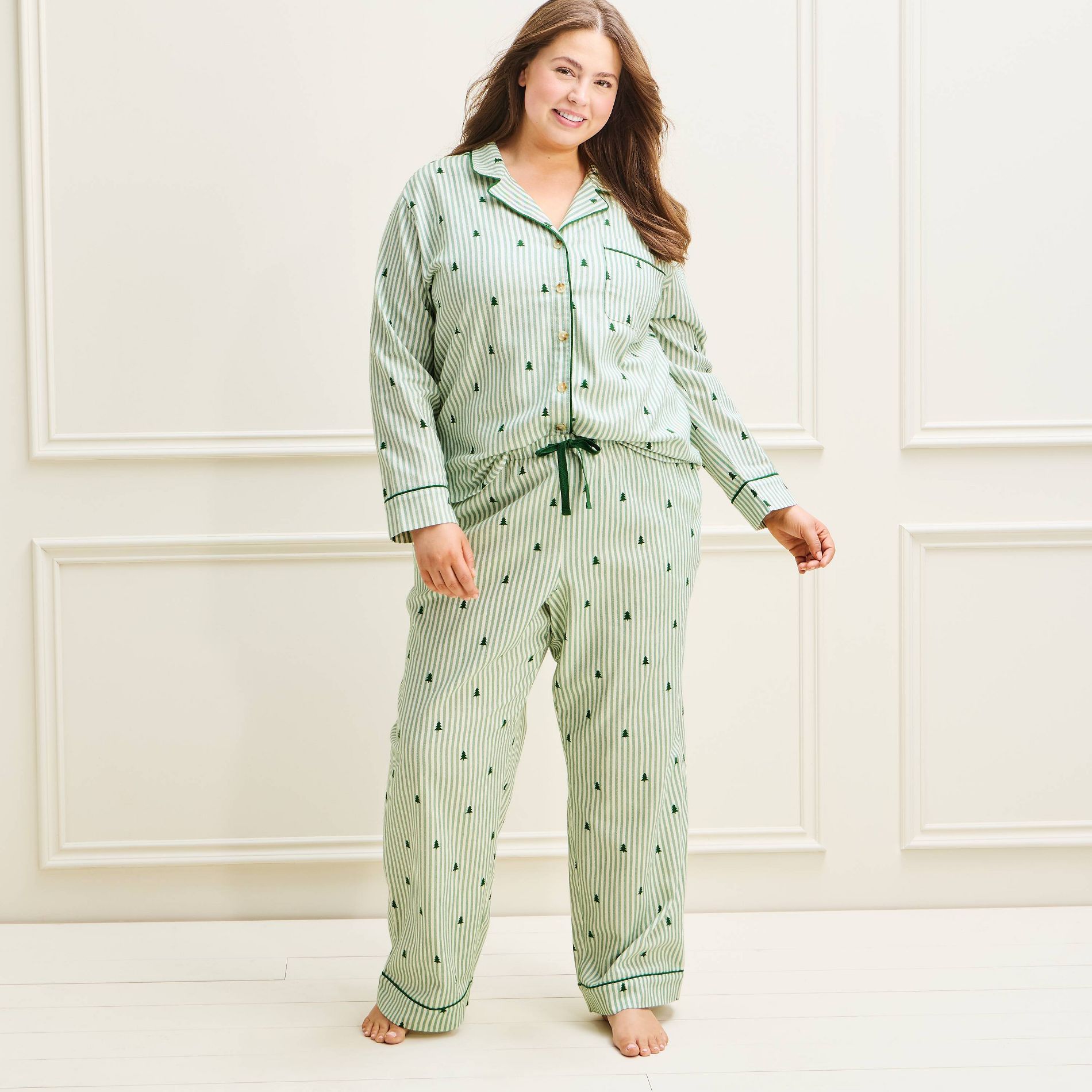 Women's Holiday Tree Striped Flannel Matching Family Pajama Set - Wondershop™ Green