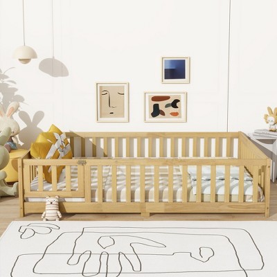 MAYEERTY Full Floor Bed with Fence and Door, Rubber Wood Bed Guardrails Beige