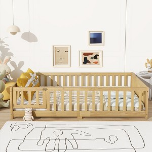 MAYEERTY Full Floor Bed with Fence and Door, Rubber Wood Bed Guardrails Beige - 1 of 4