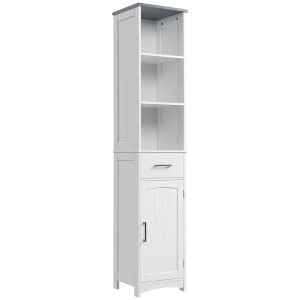 kleankin Tall Bathroom Storage Cabinet with 3 Tier Shelf, Cupboard, Drawer, Door, Freestanding Linen Tower, Slim Side Organizer, White - 1 of 4