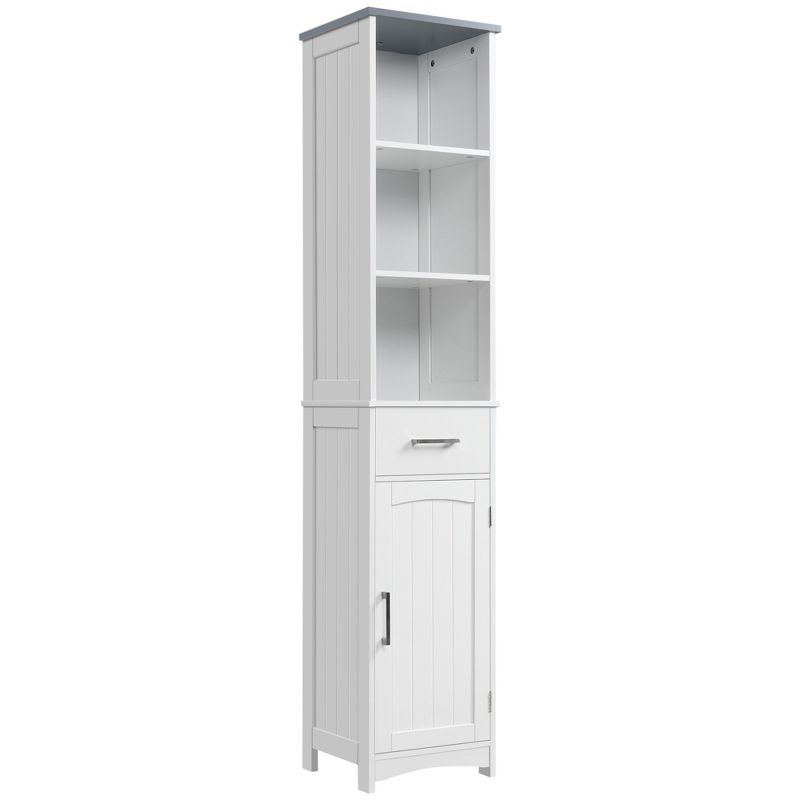 kleankin Tall Bathroom Storage Cabinet with 3 Tier Shelf, Cupboard, Drawer, Door, Freestanding Linen Tower, Slim Side Organizer, White, 1 of 8