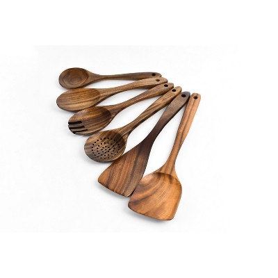 Wooden Kitchen Utensil Set, 6pc Natural Teak Wood Cooking Spoons & Spatula Tools, Non-Stick Hand Wash Kitchen Tool Set with Hanging Storage Holes