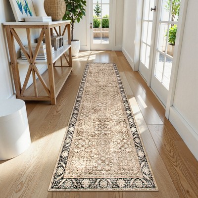Lahome Oriental Runner Rug Washable Coffee 2'1"x8' Kitchen Runner Rug Low-Pile Soft Farmhouse Print Carpet Runners for Hallways Entryway Laundry