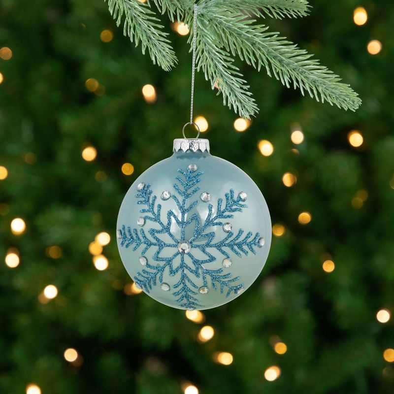 Northlight Set of 2 Light Blue Glittered and Jeweled Snowflake Glass Christmas Ball Ornaments 4", 2 of 6