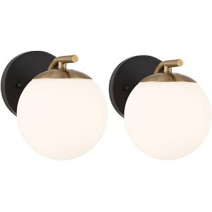 Possini Euro Design Kamara Modern Wall Light Sconces Set of 2 Soft Gold and Black Hardwire 6" Fixture Frosted White for Bathroom - 1 of 4