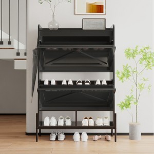 Shoe Cabinet with 2 Flip Drawers, Narrow Shoe Rack Freestanding,Wood Shoe Organizer with Metal Legs Hidden Rack Cabinet for Entryway, Hallway, Black - 1 of 4
