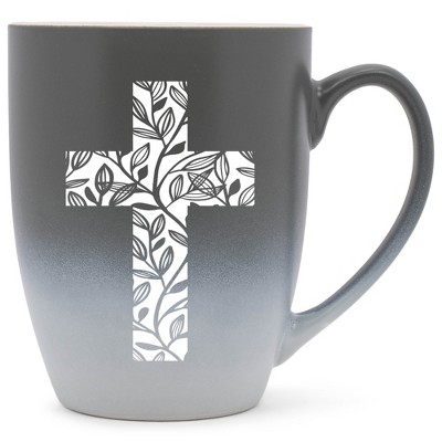 Elanze Designs Cross Leaf Two Toned Ombre Matte Gray and White 12 ounce Ceramic Stoneware Coffee Cup Mug