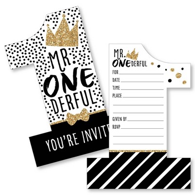 Big Dot of Happiness 1st Birthday Little Mr. Onederful - Shaped Fill-In Invites - Boy First Birthday Party Invitation Cards with Envelopes - Set of 12