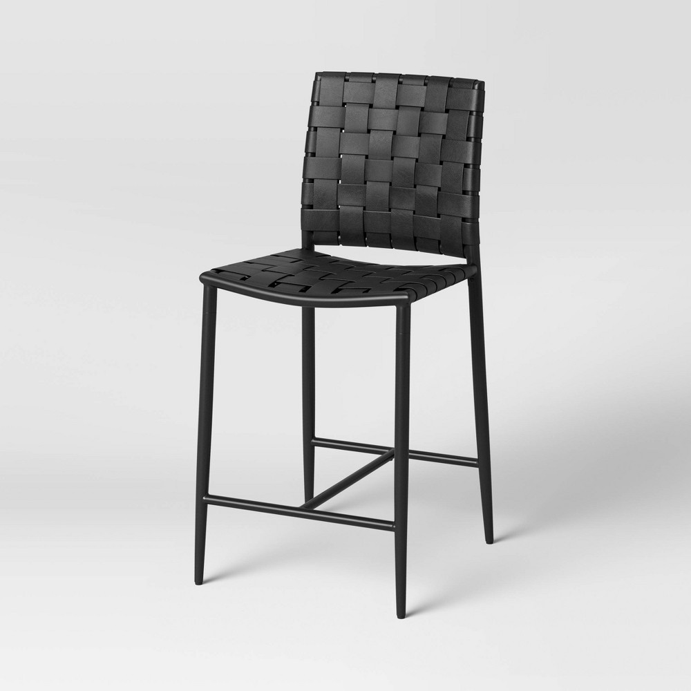 Photos - Chair Wellfleet Woven Faux Leather Metal Base Counter Height Barstool Black - Th