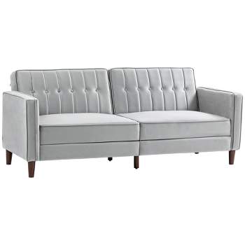 HOMCOM Convertible Sleeper Sofa, Futon Sofa Bed with Split Back Recline, Thick Padded Velvet-Touch Cushion Seating and Wood Legs, Light Gray