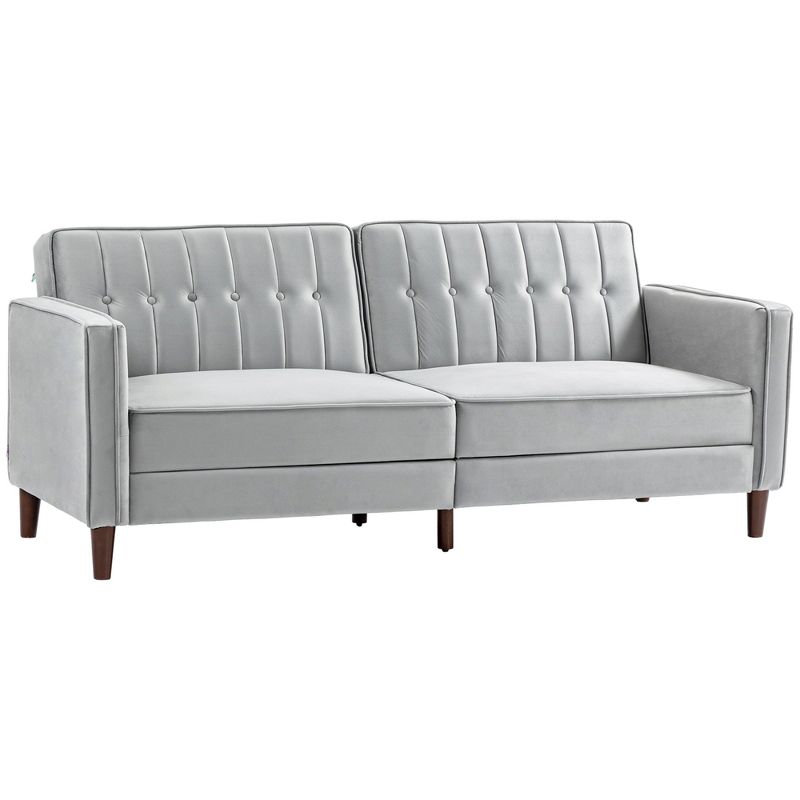 HOMCOM Convertible Sleeper Sofa, Futon Sofa Bed with Split Back Recline, Thick Padded Velvet-Touch Cushion Seating and Wood Legs, Light Gray, 1 of 7