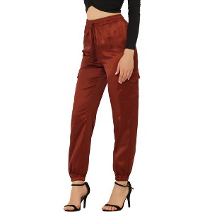 INSPIRE CHIC Women's Satin Drawstring Elastic High Waist Shiny Silky Cargo Pants - 1 of 4