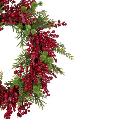 Artificial Frosted Red Berry and Pine Christmas Wreath, 28-Inch