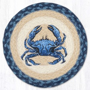 Earth Rugs Dark Blue Crab Round Trivet – 10" Coastal Print on Braided Natural Jute Mat - 1 of 3