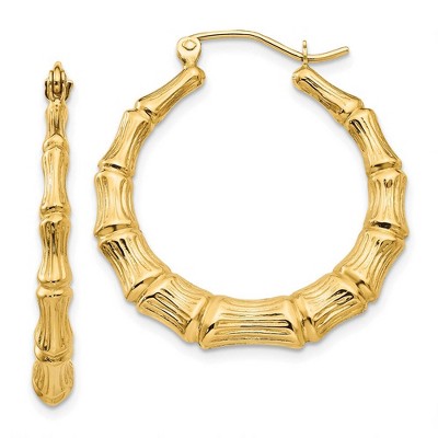 Black Bow Jewelry 4mm x 26mm 14k Yellow Gold Hollow Bamboo Inspired Hoop Earrings