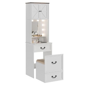 Fredees Vanity Desk with Mirror and Lights, Compact Makeup Table w/Storage Drawers & Shelves, Farmhouse Vanity Table with Hidden Chair for Bedroom - 1 of 4