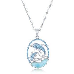 Caribbean Treasures Sterling Silver Blue CZ Dolphins and Larimar 18" Pendant Necklace - Blue - 1 of 2