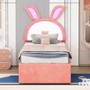 XIYUYEU Twin/Full Velvet Upholstered Bed Frame with Trundle and 3 Drawers,Rabbit-Shaped Headboard with LED Lights for Kids,Solid Wood Slats Support - 3 of 4