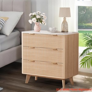 Modern 32 in Width Fluted Nightstand, 3 Drawer Bedside Table w/Gold Handle and Large Drawer, Wood Chest of Bedside Table w/ Curved Profile - 1 of 4