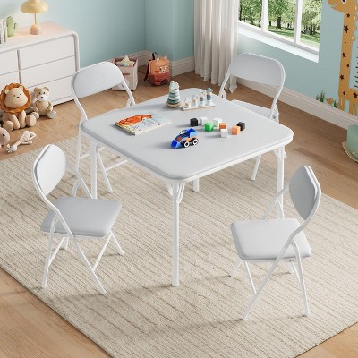 Boys and Girls Folding Table and Chairs Set of 3, Portable Table and Chair with Pu Soft Cushion, Suitable for Eating, Reading and Playing