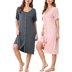 cheibear Women's Short Sleeve Button Down Midi Pajama Dress 2 Packs - 1 of 4