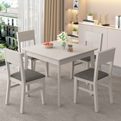 VECELO Farmhouse Style 5-Piece Dining Table Set for 4, Rubber Wood Square Table and 4 Upholstered Dining Chairs, Gray