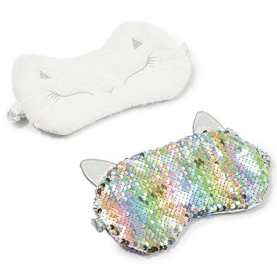 Glamlily 2-Pack Cute Cat Sleeping Eye Masks Travel Sleep Eye Covers Sequins & Faux Fur Kids Party Favors