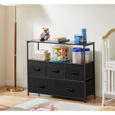 DOMETOUR 5 Drawer Dresser for Bedroom Fabric Storage Tower, Storage Cabinet Tall Chest Organizer Unit Bins Living Room Entryway Closet-Black