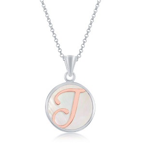 Bella Silver Sterling Silver, MOP 18" Pendant Necklace, Rose Gold Script Initial - White - 1 of 2