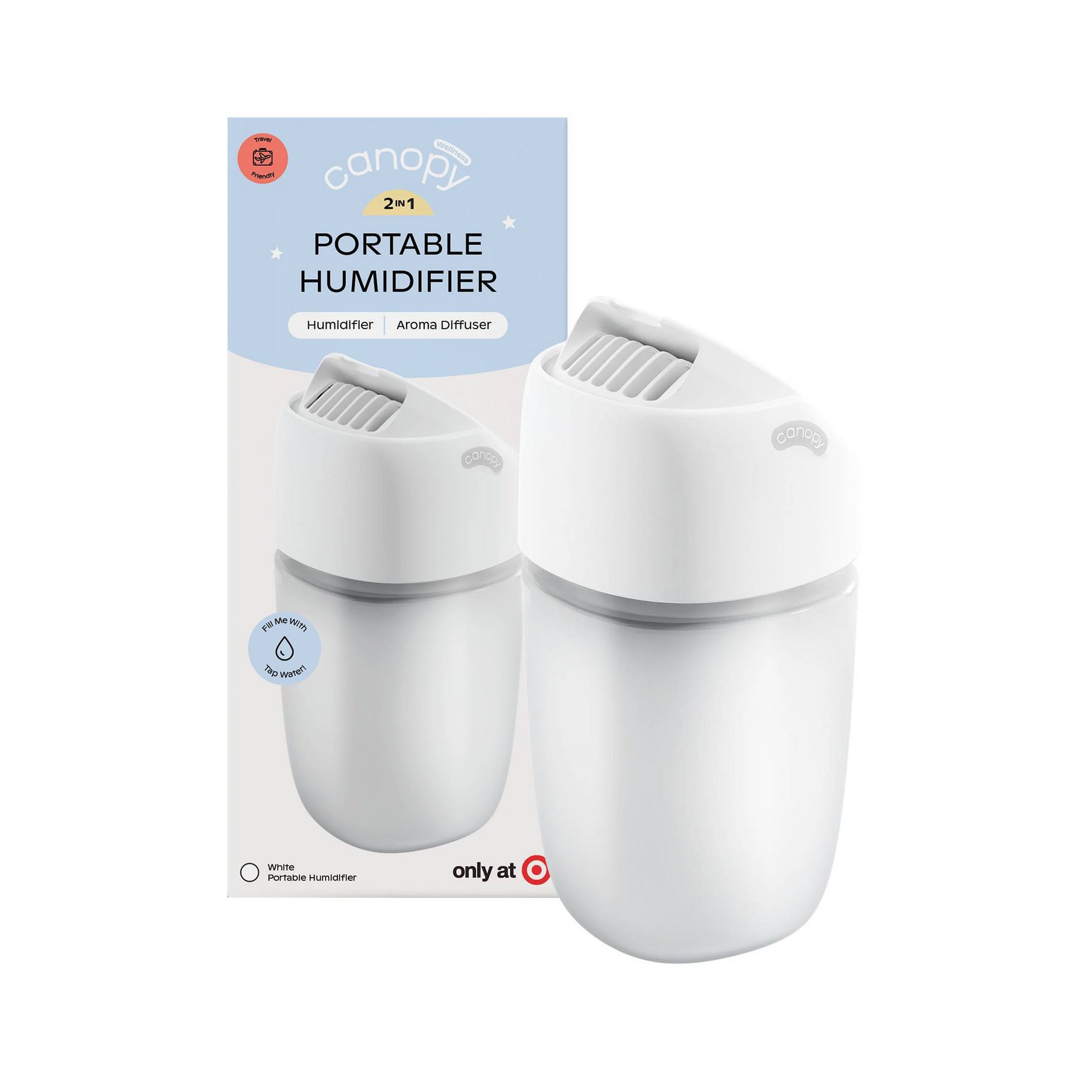 Canopy Mist Free Travel Humidifier- Travel Size, Includes Aroma Diffusion, Dishwasher Safe, Mold Inhibiting - 0.5L - White
