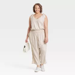 Women's Plus Size Sleeveless Tie Shoulder Jumpsuit - A New Day™ Cream Striped 3X