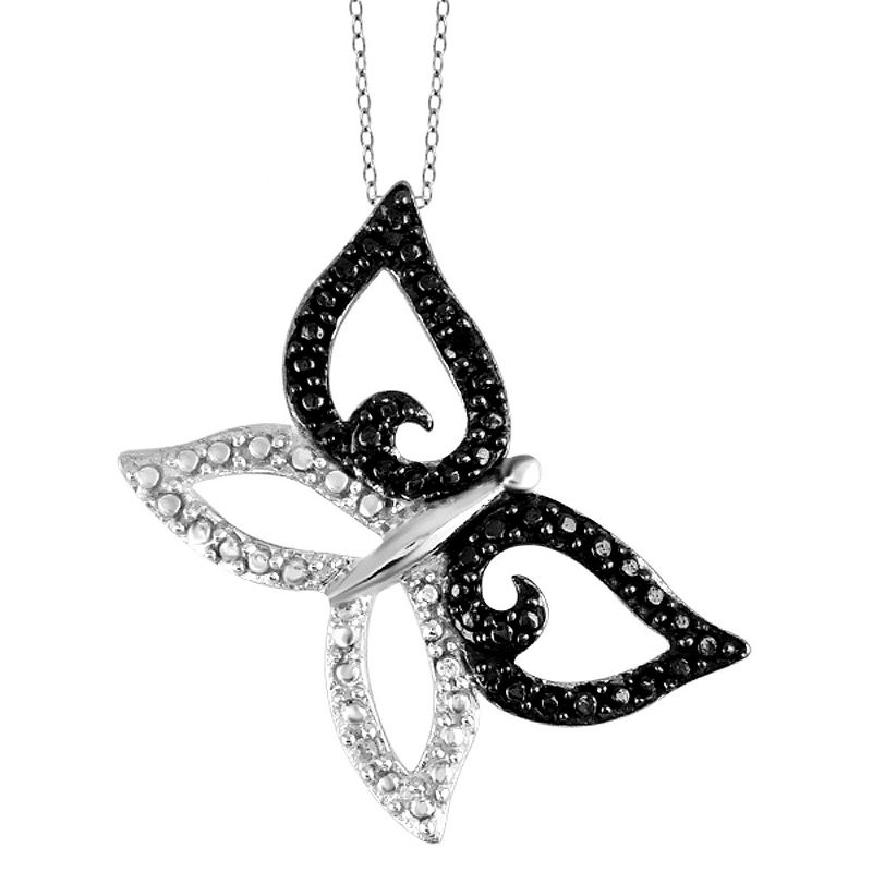 Women's Sterling Silver Accent Round-Cut Black and White Diamond Prong Set Butterfly Pendant - White, 1 of 3