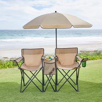 BrylaneHome Twin Folding Picnic Chairs With Umbrella & Cooler