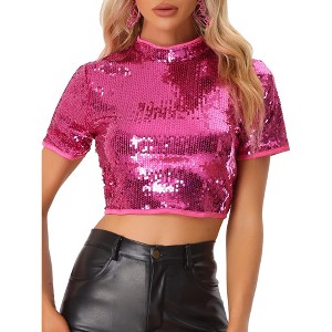 Allegra K Women's Sequin Crop Sparkle Glitter Short Sleeve Shinning T-Shirt - 1 of 4