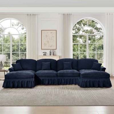 Mid-Century U-Shape Sectional Sofa with Ottomans, 4-Seat Sofa with Flared Arms and Removable Skirts, Chenille Couch with Cushion-Coolbibila