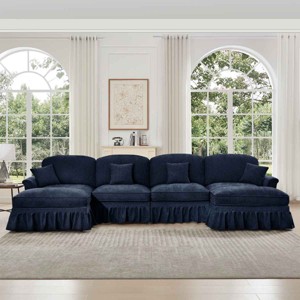 Mid-Century U-Shape Sectional Sofa with Ottomans, 4-Seat Sofa with Flared Arms and Removable Skirts, Chenille Couch with Cushion-Coolbibila - 1 of 4