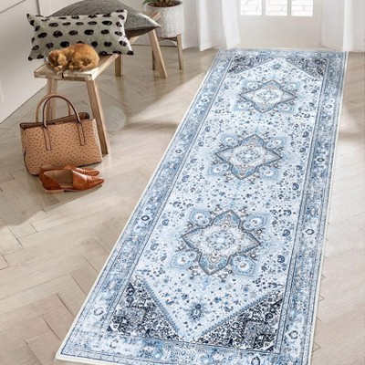 Vintage Washable Floral Area Rug: Non-Slip Distressed Oriental Carpet with Medallion – Low-Pile Accent Floor Mat for Living Room, Laundry Room