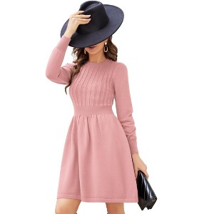 Women Long Sleeve Knitted Crewneck High Waist A-Line Cute Mini Sweater Dress Dusty Pink XL - 1 of 4