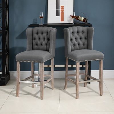 Dark Grey Upholstered Wingback Bar Stools with Wood Legs, Set of 2