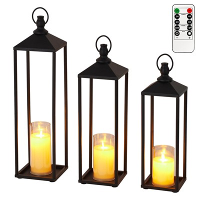 EcoSummer 17"+19"+22" Black Lanterns Decor with Flameless LED Candles, Vintage Lanterns Candle Lantern, Christmas Festival Decor Patio Porch Garden