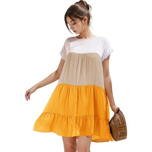 Anna-Kaci Women's Color Blocked Ruffle Dolman Sleeve Flared Loose Tunic Dress - 1 of 4