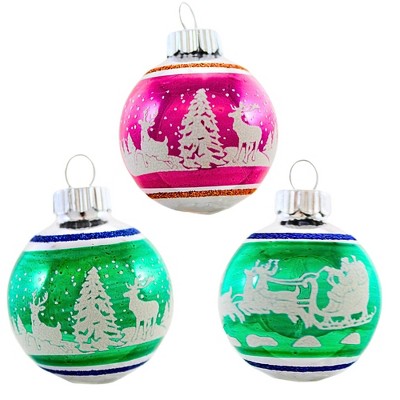 Christopher Radko 2.0 Inch Vintage Flocked Ornament Set Patterns Glitter Scenes Tree Ornament Sets